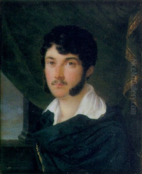 A Fine Portrait Of Count Vittorio Alfieri In Blue Cloak With Gold Tassel Fastening And White Shirt Swagged Green Curtain by Andre Leon Laure