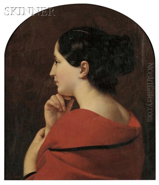 Portrait In Profile Of A Young Woman With A Red Drape Oil Painting by Jules (Jean-Francois-Hyacinthe) Laure