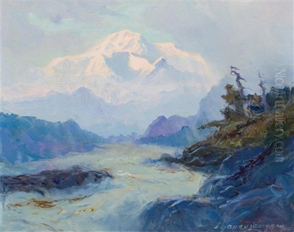 Mount Mckinley From The Rapids Of The Tokositna River Oil Painting by Sydney Mortimer Laurence