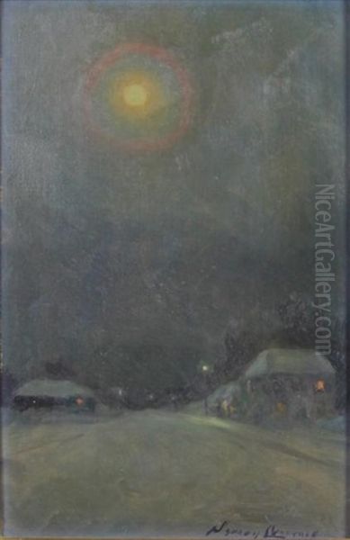 Moonlight Snow Scene Oil Painting by Sydney Mortimer Laurence