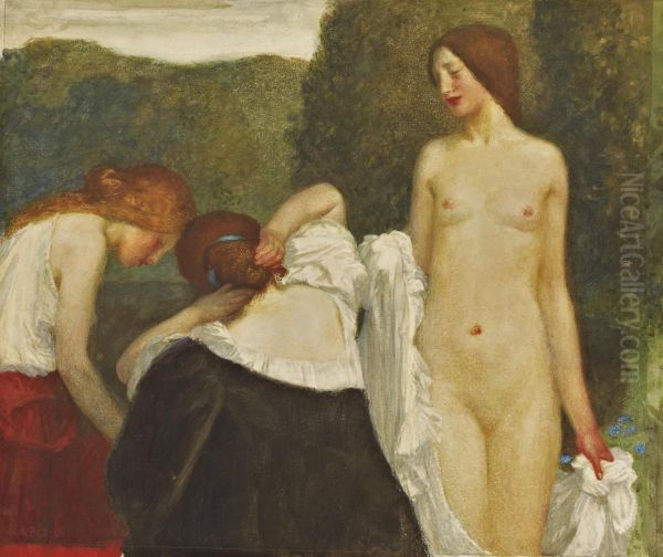 Three Girls Preparing To Bathe Oil Painting by Robert Anning Bell