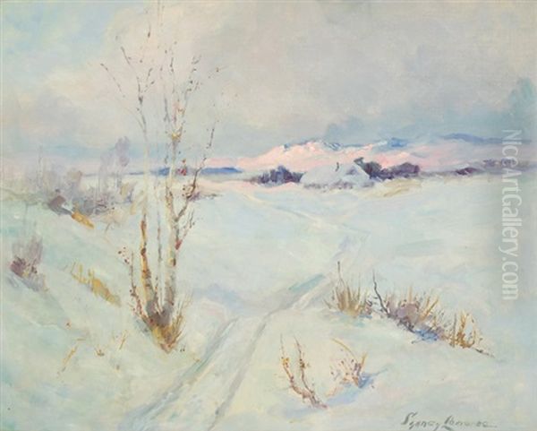 Winter Landscape At Dusk With A Snow Covered Cabin And Mountains In The Distance Oil Painting by Sydney Mortimer Laurence