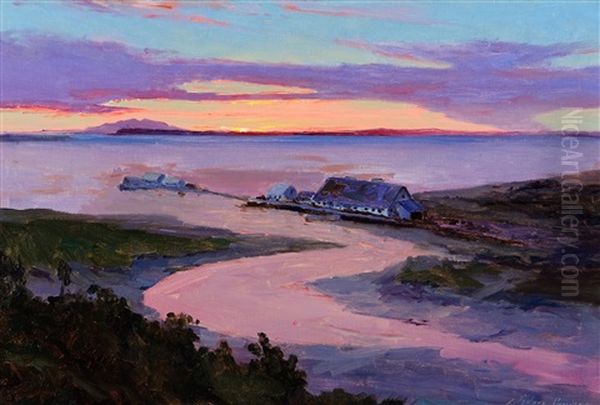 Early Anchorage Alaskan Salmon Cannery Oil Painting by Sydney Mortimer Laurence