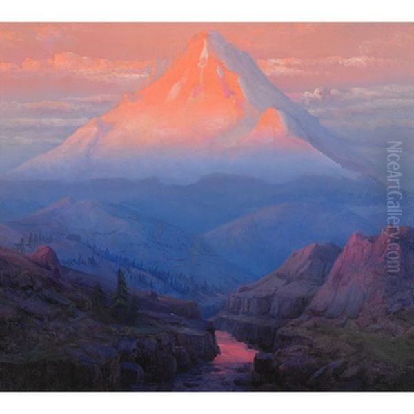 Extensive Mountain Landscape At Sunset Oil Painting by Sydney Mortimer Laurence