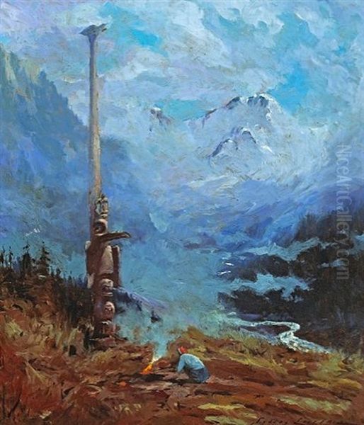 A Totem Pole With Mt. Mckinley In The Distance Oil Painting by Sydney Mortimer Laurence