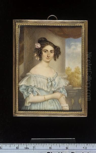 A Lady, Called Pauline Farrere, Baronne Saint-andre, Standing By A Balustrade, Wearing Low-cut Pale Blue Dress With Bows And White Lace Cuffs At The Short Sleeves And White Lace Collar Tied With Pale Blue Ribbon Bow At Her Corsage, She Holds A Gold Lorgne Oil Painting by Rodolphe Bell