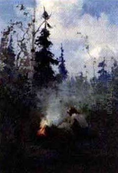 Indian Tending A Fire Oil Painting by Sydney Mortimer Laurence