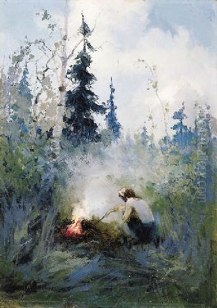 Indian Tending A Fire Oil Painting by Sydney Mortimer Laurence