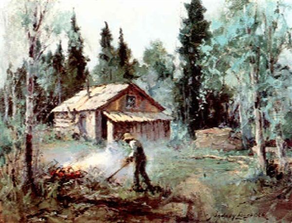 Home At Moose Heart/tending The Fire Oil Painting by Sydney Mortimer Laurence