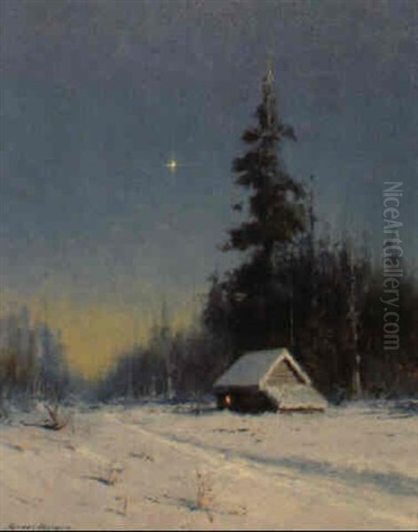 Night Trail And Cabin: The Guiding Light Oil Painting by Sydney Mortimer Laurence