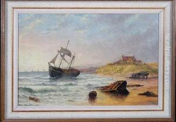 A Brig Wrecked Upon A Beach Oil Painting by Stuart Henry Bell