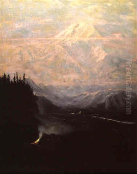 Campfire On A Mountainous Lake Oil Painting by Sydney Mortimer Laurence