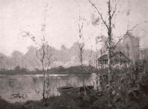 Beaver Lake With Boat And Cabin Oil Painting by Sydney Mortimer Laurence