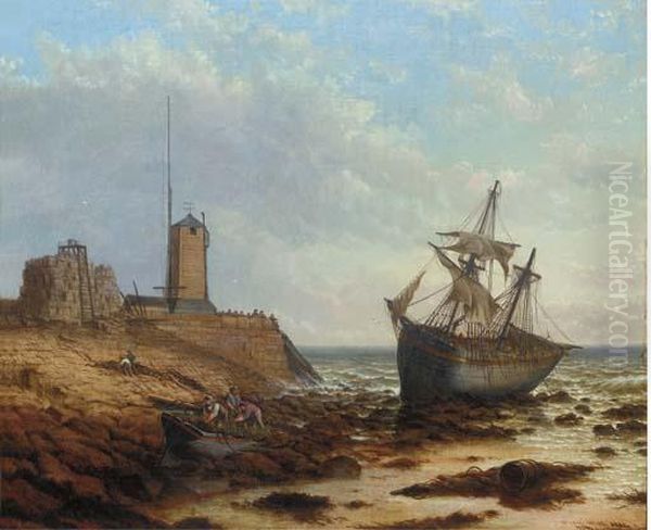 Beached At Low Tide Off South Pier Lighthouse Oil Painting by Stuart Henry Bell