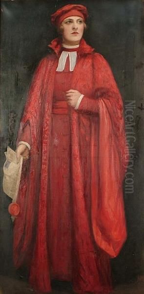 Full Length Portrait Of A Lady In Red Robes Oil Painting by Thomas Currie Bell