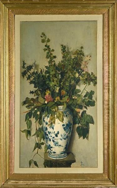 Fleurs Dans Un Vase De Chine Pose Sur Une Console Oil Painting by Jean Paul Laurens