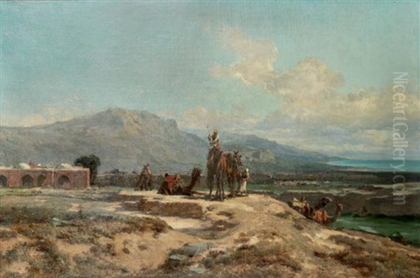 Caravane A L'arret Halt Of A Caravan Oil Painting by Jules (Joseph Augustin) Laurens