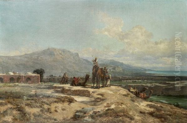 Caravane A L'arret, Halt Of A Caravan Oil Painting by Jules (Joseph Augustin) Laurens