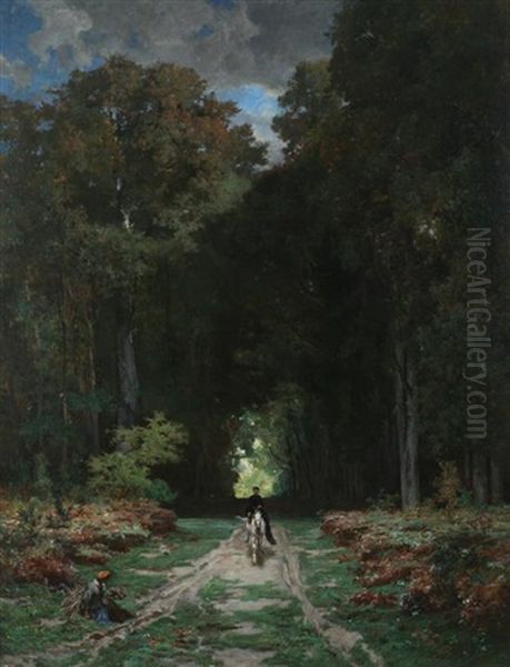 Equestrienne On Wooded Lane Oil Painting by Jules (Joseph Augustin) Laurens