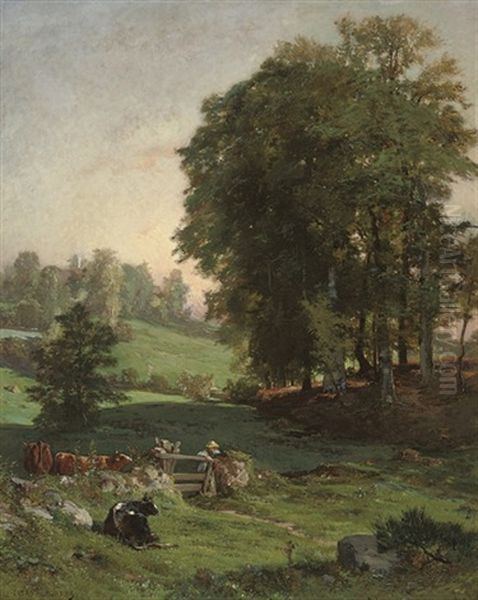 Minding The Herd At Dusk Oil Painting by Jules (Joseph Augustin) Laurens