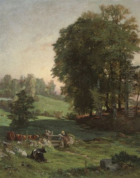 Minding The Herd At Dusk Oil Painting by Jules (Joseph Augustin) Laurens