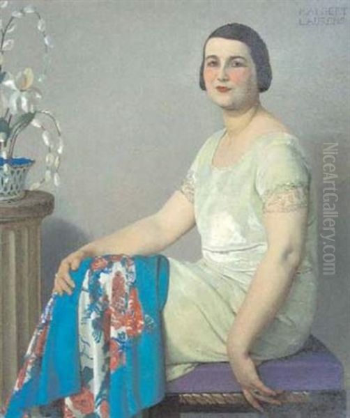 Jeune Femme Assise Au Chale Et Aux Orchidees Oil Painting by Paul Albert Laurens