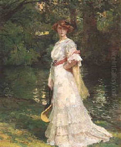 An Elegant Lady By A Riverbank Oil Painting by Paul Albert Laurens