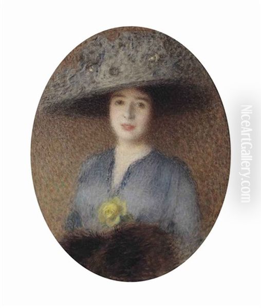 Elegant Lady With Hat And Yellow Rose Oil Painting by Ernest Joseph Laurent