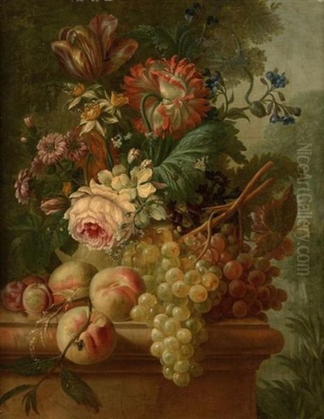 Vase De Fleurs Et Fruits Sur Un Entablement Devant Un Paysage Oil Painting by Francois-Nicolas Laurent