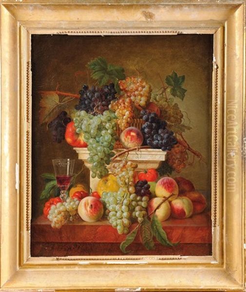 Peches, Grappes De Raisins Et Verre De Vin Sur Une Colonne En Marbre Oil Painting by Francois-Nicolas Laurent