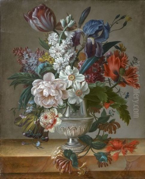 Nature-morte Au Bouquet De Fleurs Dans Un Vase En Argent Pose Sur Un Entablement Oil Painting by Francois-Nicolas Laurent