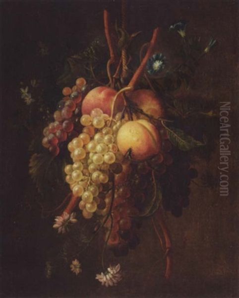 A Still Life Of Grapes, Peaches And Flowers Suspended From A Rope Oil Painting by Francois-Nicolas Laurent