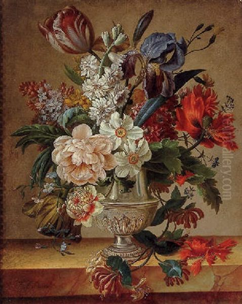 Still Life Of Flowers In A Vase Resting On A Marble Ledge Oil Painting by Francois-Nicolas Laurent