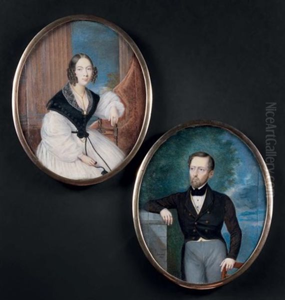 Deux Portraits En Pendants Figurant Un Couple De Personnages, L'homme En Redingote Brune Et Son Epouse Assise (pair) Oil Painting by Francois-Sebastien Laurent