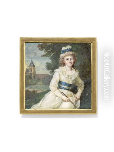 A Lady In White Dress, Seated In A Landscape With A Church, Holding A Riding Crop by Jean Antoine Laurent