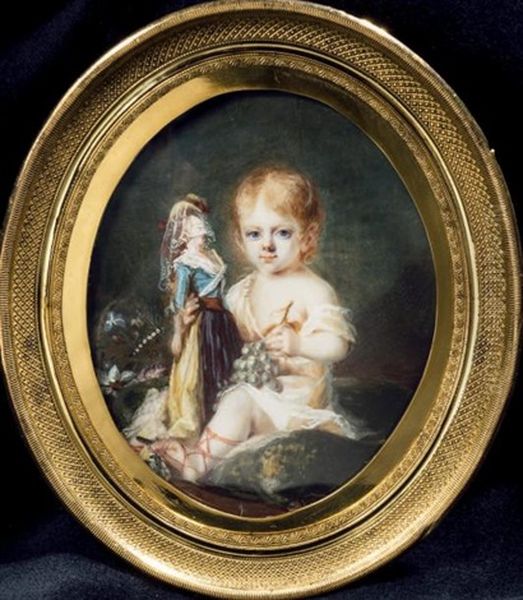 Portrait D'une Petite Fille En Robe De Voile Blanc Assise Dans Un Jardin, Tenant Une Poupee Et Une Grappe De Raisins Dans La Main Gauche Oil Painting by Jean Antoine Laurent