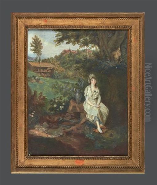 Jeune Femme A La Fontaine, Assise, Dans Un Paysage, Une Bergerie Et Un Village En Perspective Oil Painting by Jean Antoine Laurent