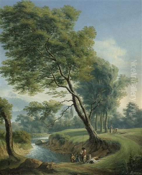 Flusslandschaft Mit Anglern Oil Painting by Jean Antoine Laurent