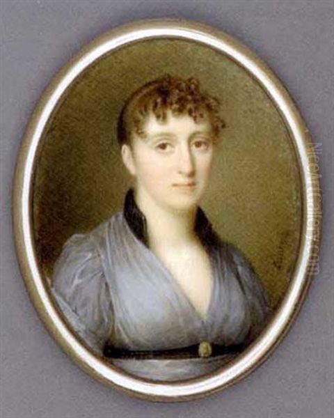 A Young Lady, In Grey Gauze Dress With Black Collar, Cameo-set Black Belt, Her Brown Hair Upswept And Curled Oil Painting by Jean Antoine Laurent