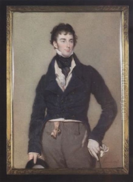 Sir Charles Hugh Lowther Wearing Blue Tailcoat, Cream Waistcoat, Frilled White Chemise, Grey Trousers And Black Cravat Held With Red Jewelled Stickpin, A Gold Seal Hangs From Pink Ribbon At His Waist Oil Painting by Jean Antoine Laurent