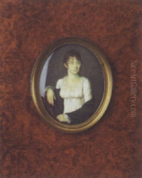 Portrait De Femme Assise De Trios-quarts En Robe De Soie Ivoire, Cape Verte Et Accoudee A Une Chaise En Acajou Oil Painting by Jean Antoine Laurent