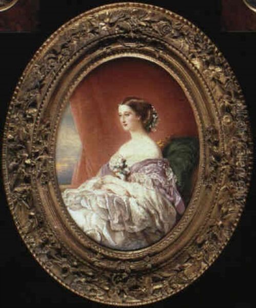 Empress Eugenie Seated, Wearing A Lace-trimmed White Dress  With A Mauve Shawl...(after Franz Xavier Winterhalter) Oil Painting by Marie Pauline Laurent