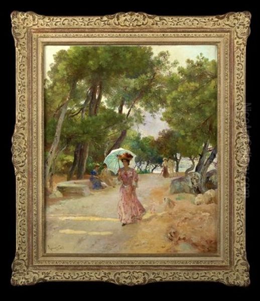 Fashionable Lady With Parasol Walking On A Coastal Lane Oil Painting by Lucien Laurent-Gsell