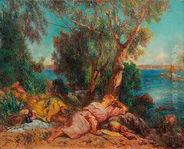 Femmes Alanguies Sur Un Rivage Mediterraneen Oil Painting by Lucien Laurent-Gsell