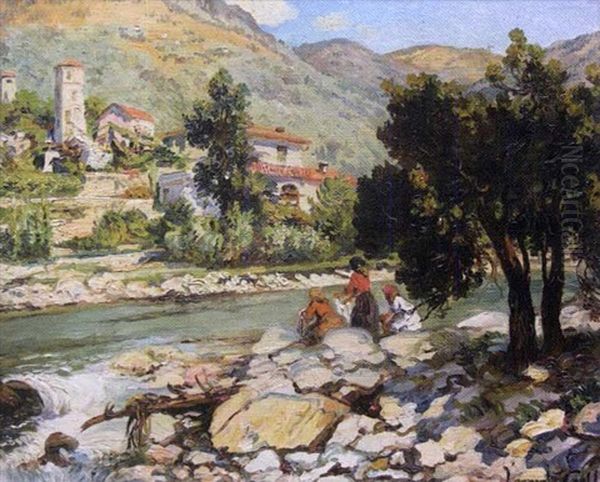 Paysage Aux Lavandieres Oil Painting by Lucien Laurent-Gsell