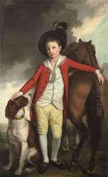 Portrait Of Boy, Possibly J. Langlands, Full-length, In A Red Coat, White Waistcoat, Yellow Breeches, Silver-buckled Shoes And A Feathered Hat, Flanked By A Pony And A Hound Oil Painting by William Bell