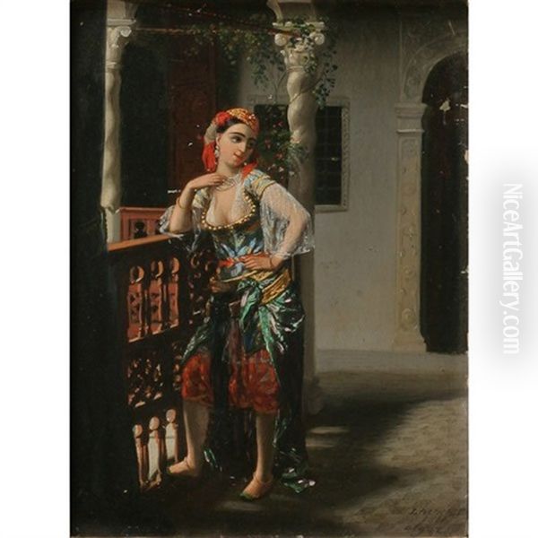 Algerian Woman On Balcony Oil Painting by Emmanuel Joseph Lauret