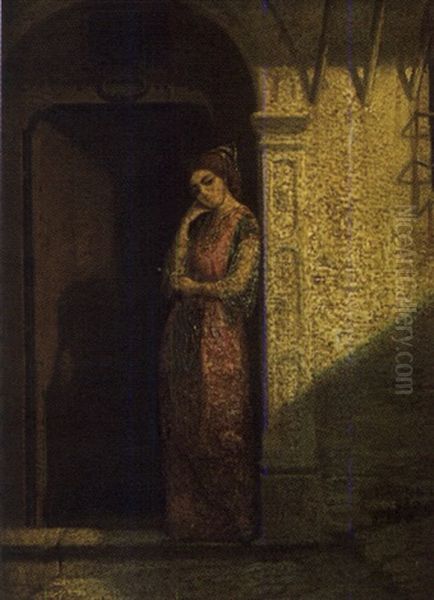 Jeune Femme Sur Le Pas De La Porte Oil Painting by Emmanuel Joseph Lauret