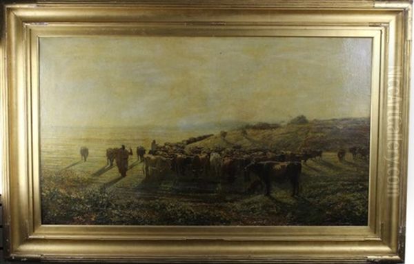 Landscape During Sunset With Orientalist Figures Leading A Group Of Cattle Oil Painting by Francois Lauret