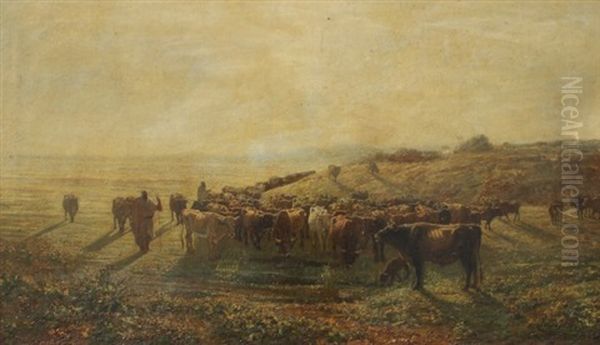 Atmospheric Landscape With Cattle Herders And Herd Oil Painting by Francois Lauret